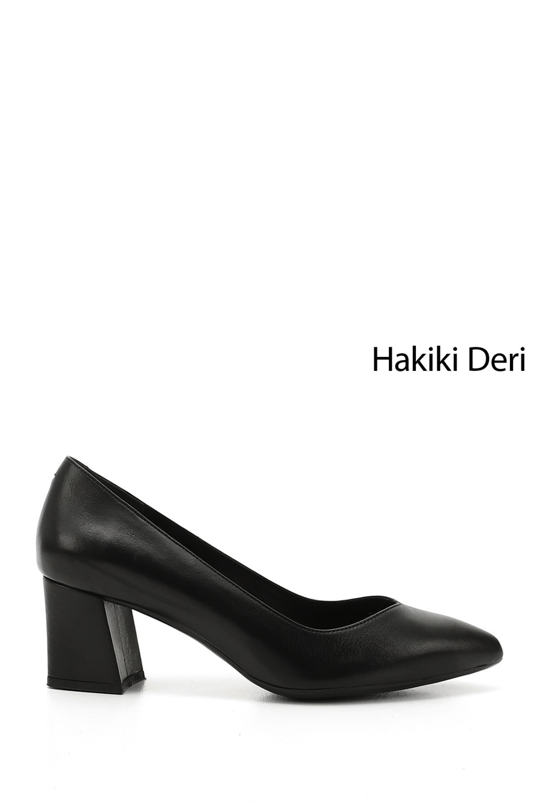 Women's Black Pointed Toe Medium Thick Heel Genuine Leather Shoes