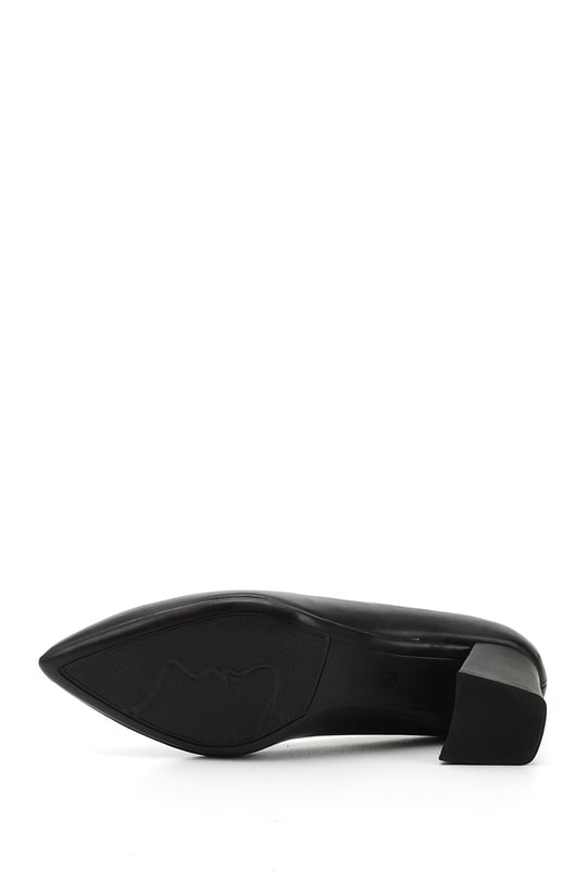 Women's Black Pointed Toe Medium Thick Heel Genuine Leather Shoes