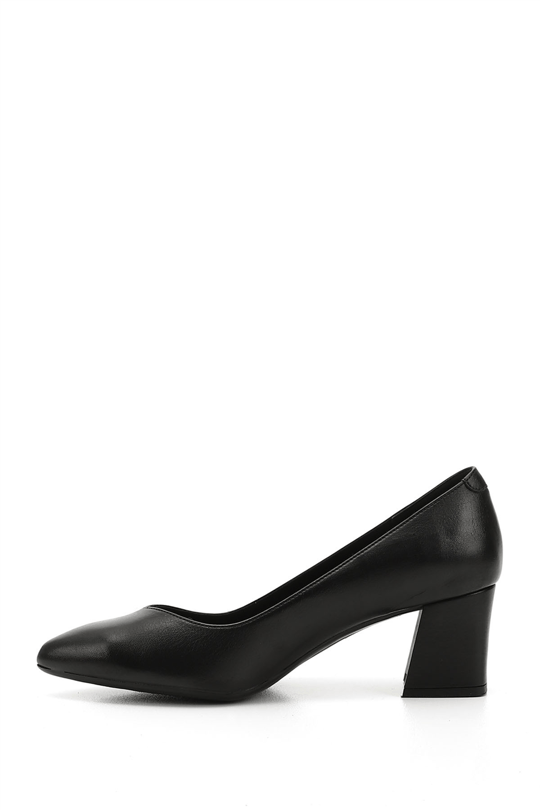 Women's Black Pointed Toe Medium Thick Heel Genuine Leather Shoes