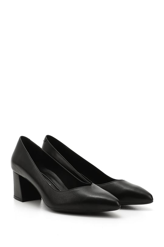 Women's Black Pointed Toe Medium Thick Heel Genuine Leather Shoes