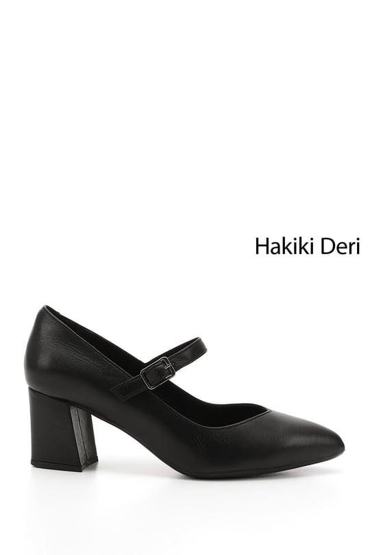 Kadın Siyah Sivri Burun Topuklu Mary Jane Hakiki Deri Ayakkabı