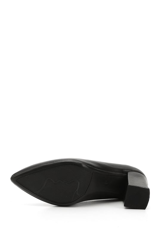 Women's Black Pointed Toe High Thick Heel Genuine Leather Shoes