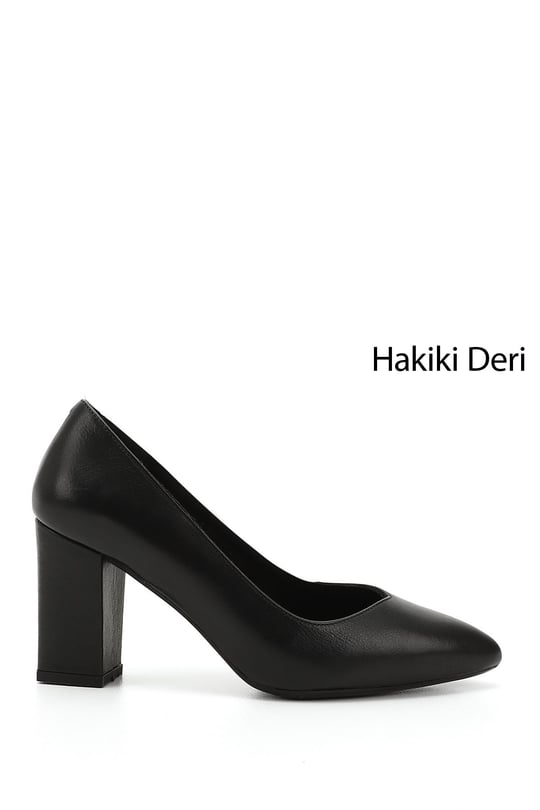 Women's Black Pointed Toe High Thick Heel Genuine Leather Shoes