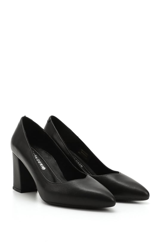 Women's Black Pointed Toe High Thick Heel Genuine Leather Shoes