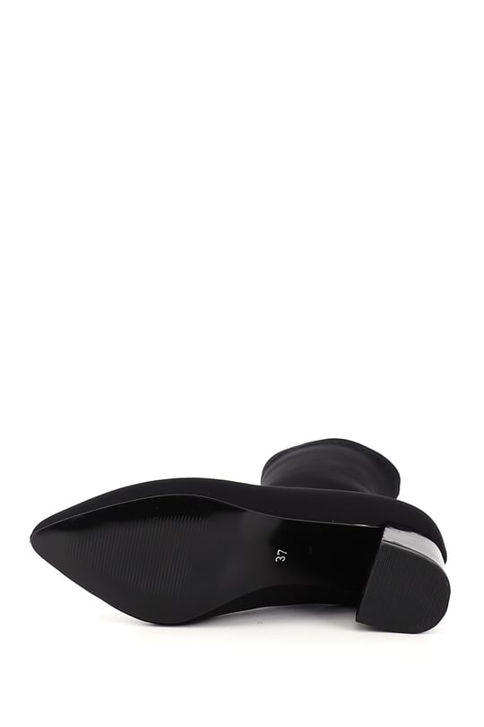 Women's BLACK STRETCH Pointed Toe Chunky Heel Stretch Boots