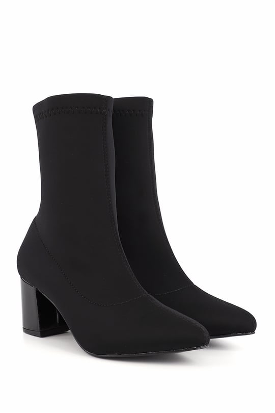Women's BLACK STRETCH Pointed Toe Chunky Heel Stretch Boots