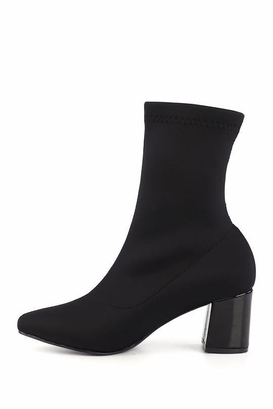 Women's BLACK STRETCH Pointed Toe Chunky Heel Stretch Boots