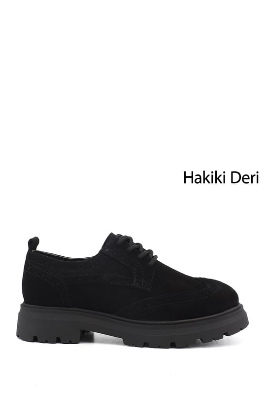 Kadın Siyah Süet Bağcıklı Hakiki Deri Ayakkabı