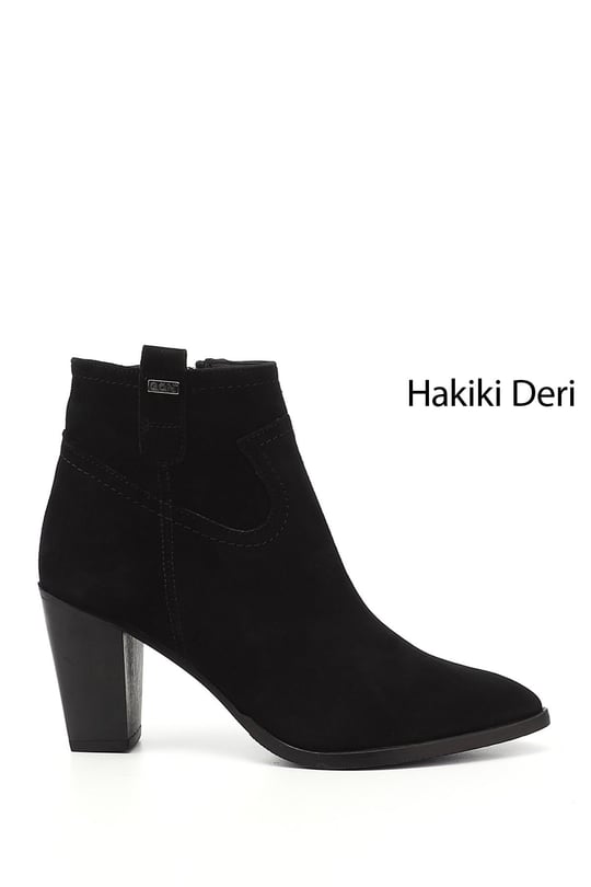 Kadın Siyah Süet Fermuarlı Sivri Burun Hakiki Deri Bot