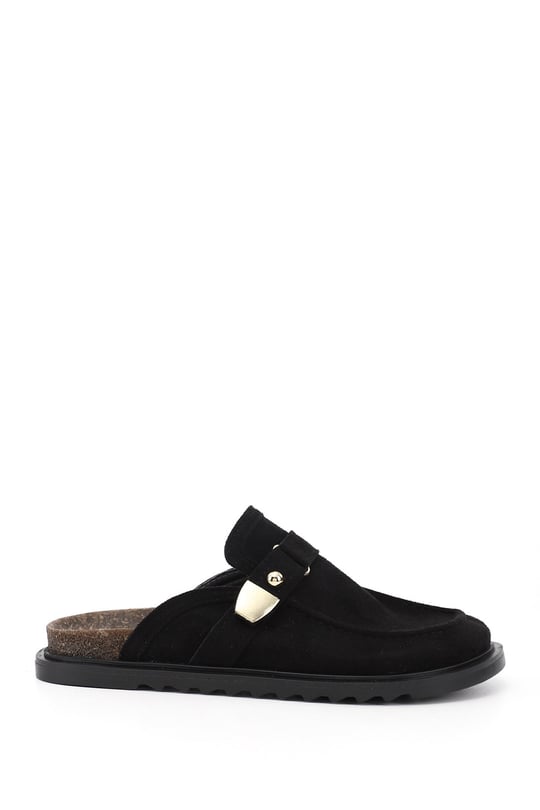 Women's Black Suede Buckled Casual Slippers