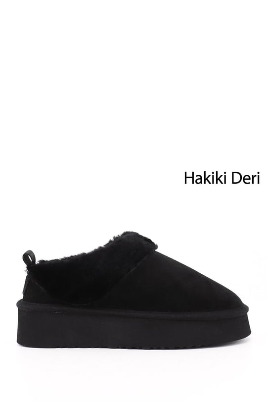 Kadın Siyah Süet W Tazz Kalın Tabanlı Hakiki Deri Kürklü Terlik