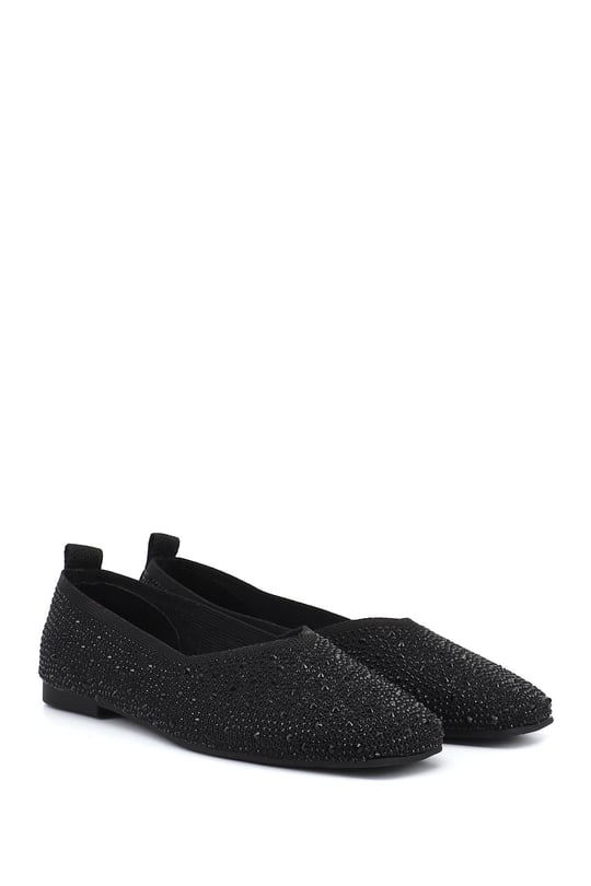 Women's Black Stone Detailed Stone Detailed Square Toe Ballet Flats