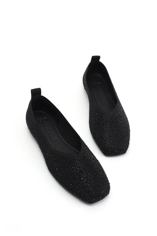 Women's Black Stone Detailed Stone Detailed Square Toe Ballet Flats