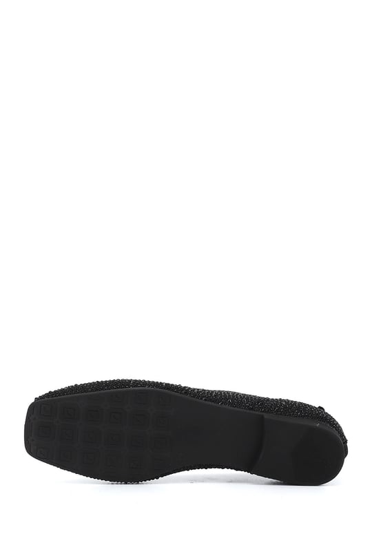 Women's Black Stone Detailed Stone Detailed Square Toe Ballet Flats