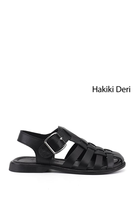 Kadın Siyah Tokalı Bantlı Burnu Kapalı Hakiki Deri Sandalet