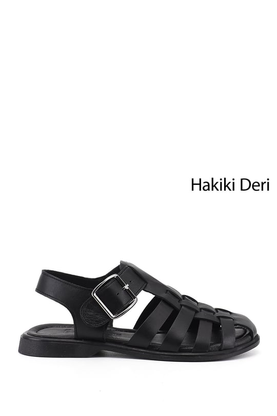 Kadın Siyah Tokalı Bantlı Burnu Kapalı Hakiki Deri Sandalet
