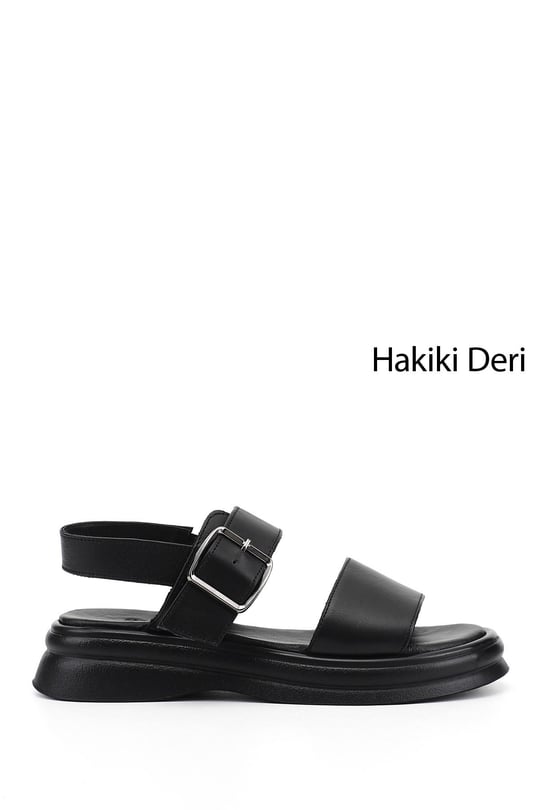Kadın Siyah Tokalı Bantlı Hakiki Deri Sandalet