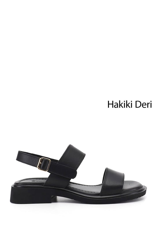 Kadın Siyah Tokalı Bantlı Hakiki Deri Sandalet
