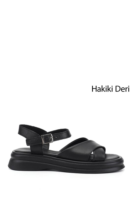 Kadın Siyah Tokalı Bantlı Hakiki Deri Sandalet