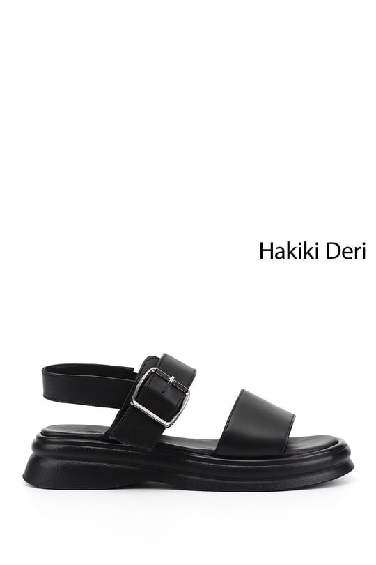 Kadın Siyah Tokalı Bantlı Hakiki Deri Sandalet