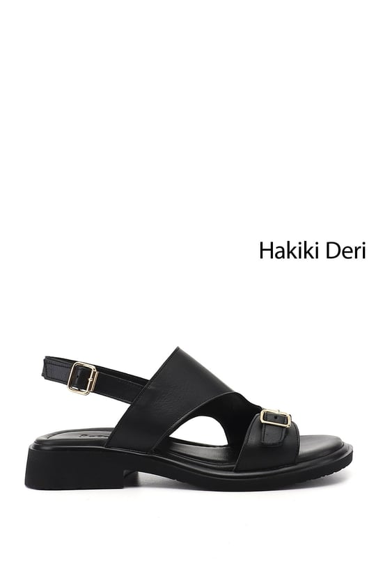 Kadın Siyah Tokalı Bantlı Hakiki Deri Sandalet
