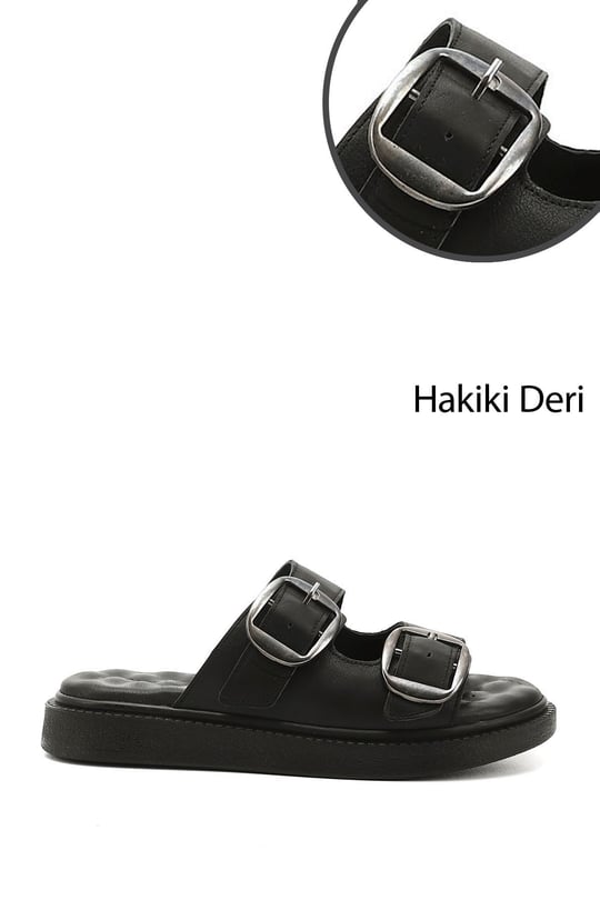 Kadın Siyah Tokalı Dolgu Taban Hakiki Deri Comfort Terlik