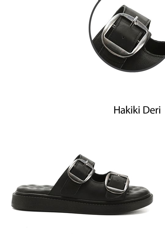 Kadın Siyah Tokalı Dolgu Taban Hakiki Deri Comfort Terlik