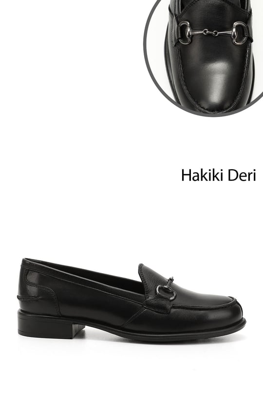 Kadın Siyah Tokalı Hakiki Deri Loafer Ayakkabı