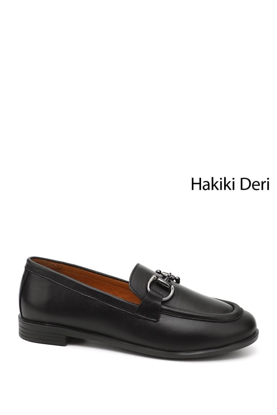 Kadın Siyah Tokalı Hakiki Deri Loafer Ayakkabı