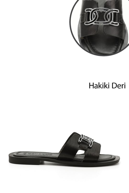 Kadın Siyah Tokalı Hakiki Deri Terlik