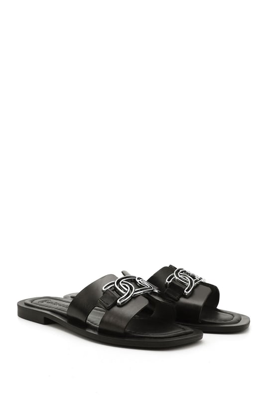Kadın Siyah Tokalı Hakiki Deri Terlik