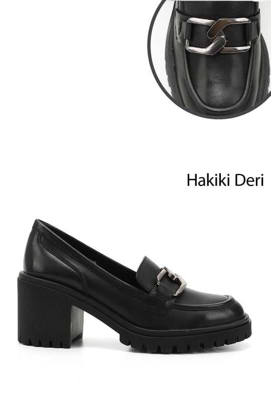 Kadın Siyah Tokalı Orta Kalın Topuklu Hakiki Deri Ayakkabı