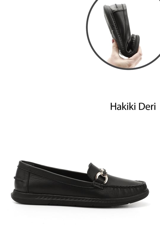 Kadın Siyah Tokalı Rok Hakiki Deri Comfort Loafer