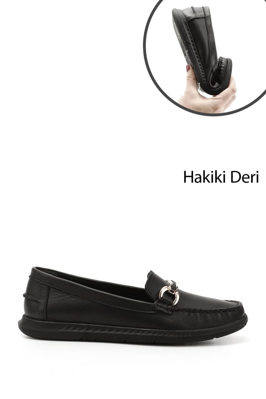 Kadın Siyah Tokalı Rok Hakiki Deri Comfort Loafer