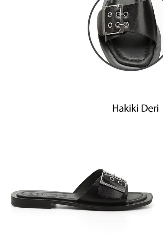 Kadın Siyah Tokalı Tek Bantlı Hakiki Deri Terlik