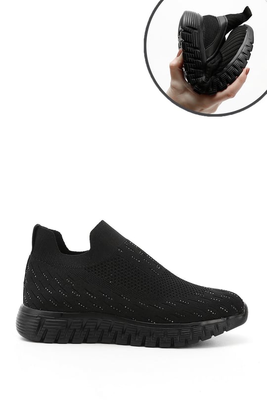 Kadın Siyah Triko Taşlı Memory Foam Tabanlıklı Comfort Sneaker