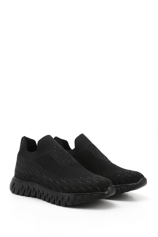 Kadın Siyah Triko Taşlı Memory Foam Tabanlıklı Comfort Sneaker