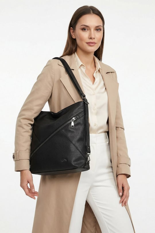 Women's Black Long Strap Shoulder and Backpack Bag