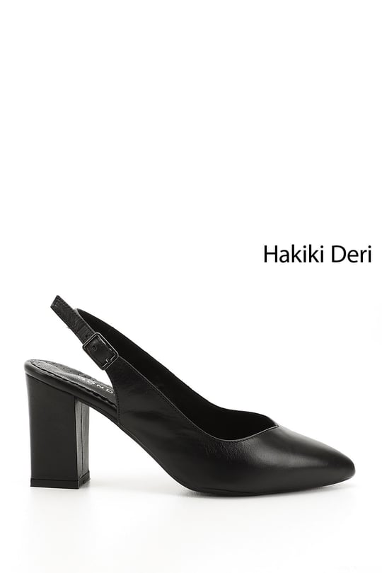 Kadın Siyah Yüksek Kalın Topuklu Arkası Açık Hakiki Deri Ayakkabı