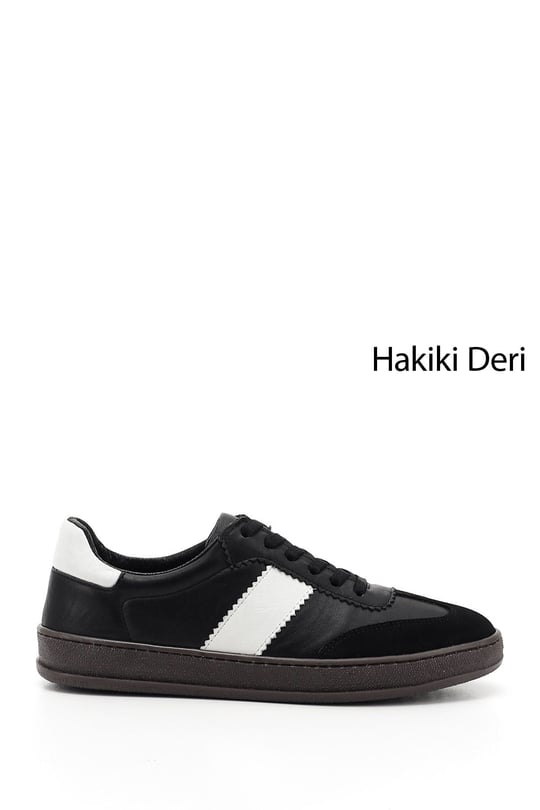 Kadın Siyaha Beyaz Bağcıklı Hakiki Deri Sneaker