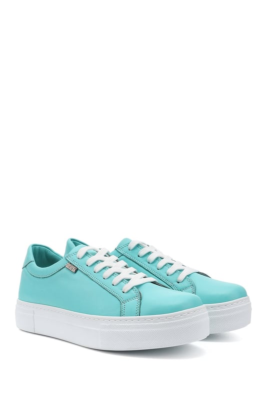 Kadın Su Yeşili Bağcıklı Dolgu Taban Hakiki Deri Sneaker