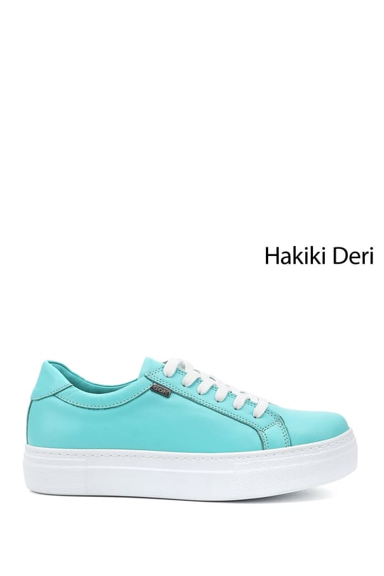 Kadın Su Yeşili Bağcıklı Dolgu Taban Hakiki Deri Sneaker