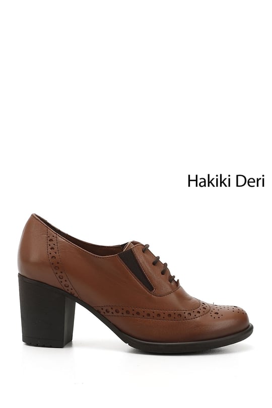 Kadın Taba Antik Bağcıklı Orta Kalın Topuklu Hakiki Deri Oxford Ayakkabı