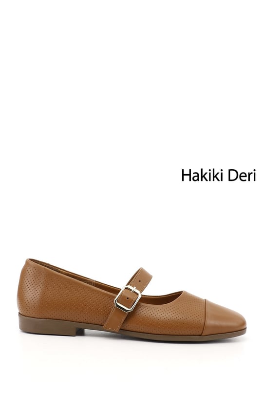 Kadın Taba Antik Baskılı Mary Jane Hakiki Deri Babet
