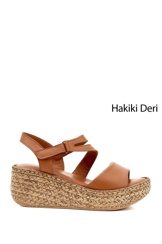 Kadın Taba Antik Cırt Bantlı Dolgu Topuk Hakiki Deri Sandalet