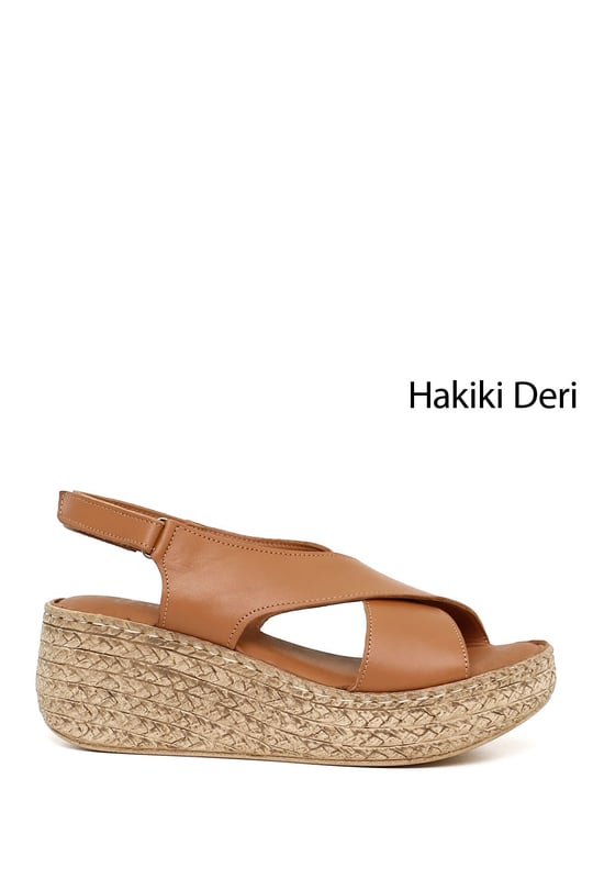 Kadın Taba Antik Cırt Bantlı Dolgu Topuk Hakiki Deri Sandalet