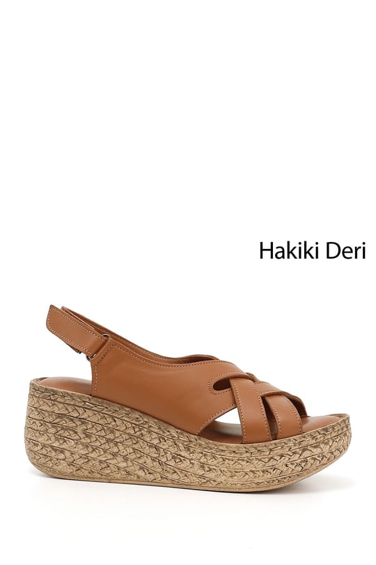 Kadın Taba Antik Cırt Bantlı Dolgu Topuk Hakiki Deri Sandalet