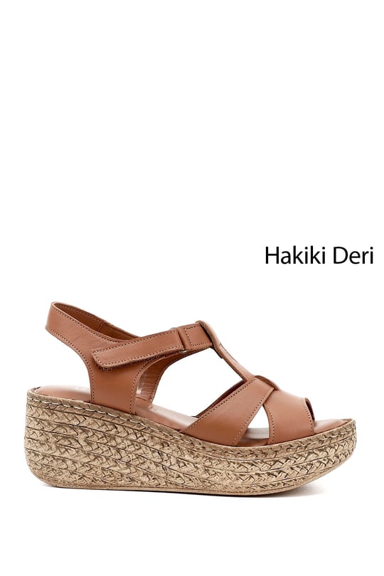 Kadın Taba Antik Cırt Bantlı Dolgu Topuk Hakiki Deri Sandalet