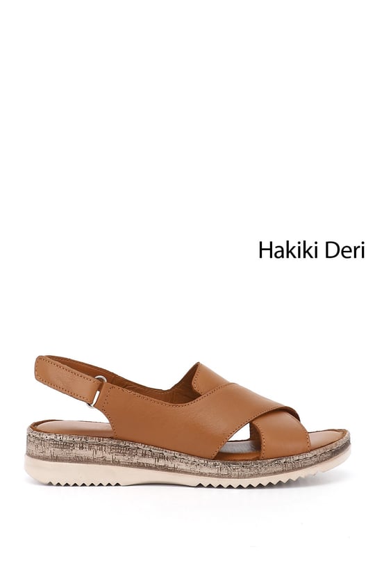 Kadın Taba Antik Cırt Bantlı Dolgu Topuk Hakiki Deri Sandalet
