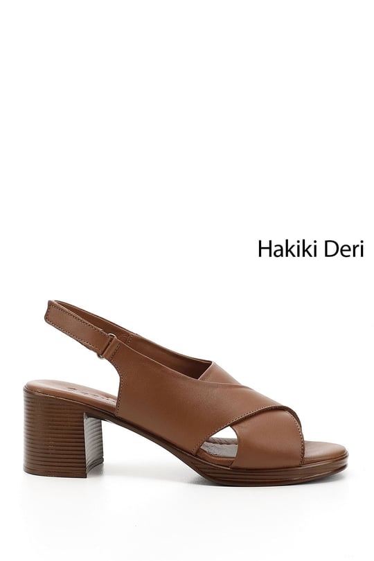 Kadın Taba Antik Cırt Bantlı Kalın Topuklu Hakiki Deri Sandalet
